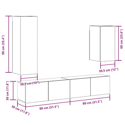 Set Mobile TV 4 pz Montato a Parete Legno Antico in Truciolato