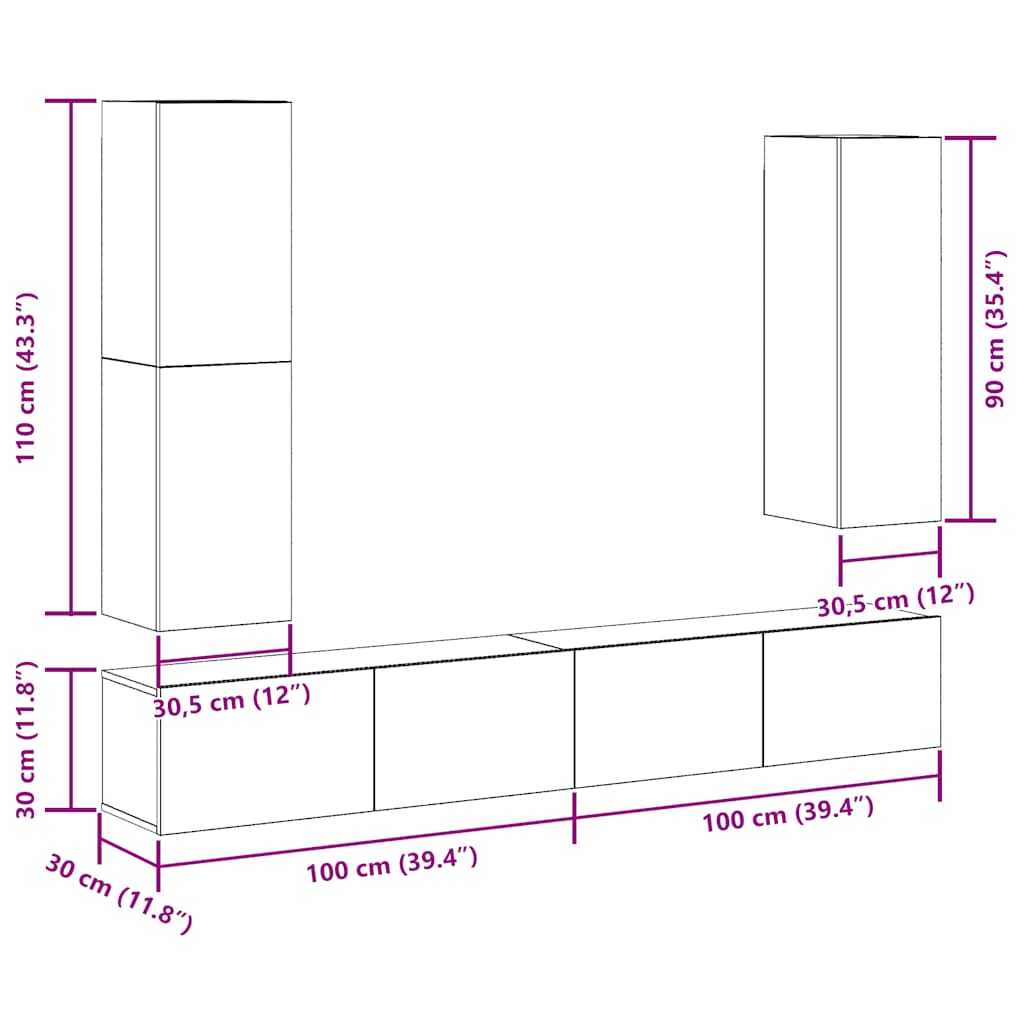 Set Mobile TV 4 pz Montato a Parete Legno Antico in Truciolato