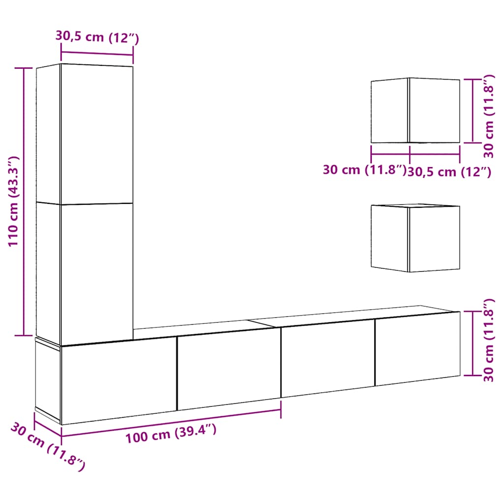 Set Mobile TV 5 pz Montato a Parete Legno Antico in Truciolato