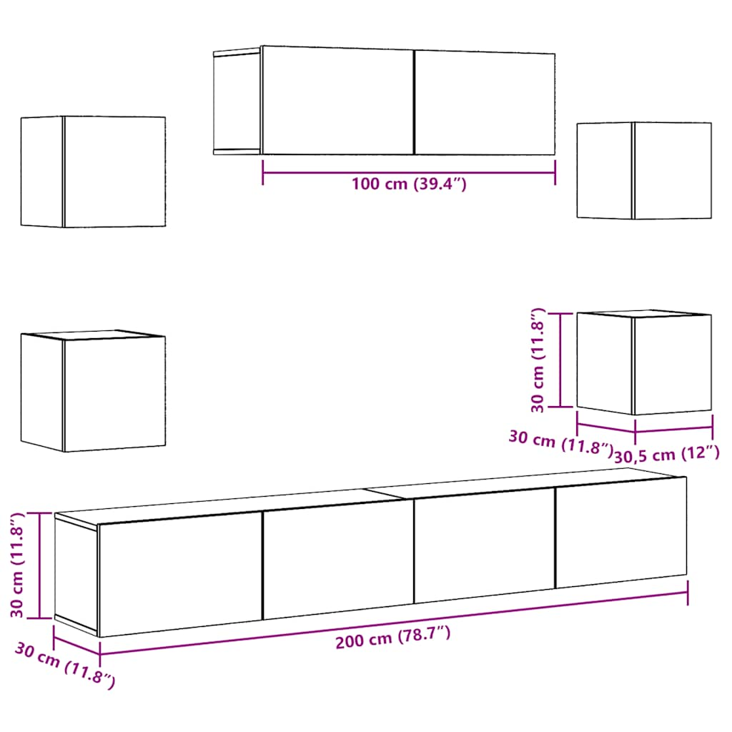 Set Mobile TV 7 pz Montato a Parete Legno Antico in Truciolato - homemem39