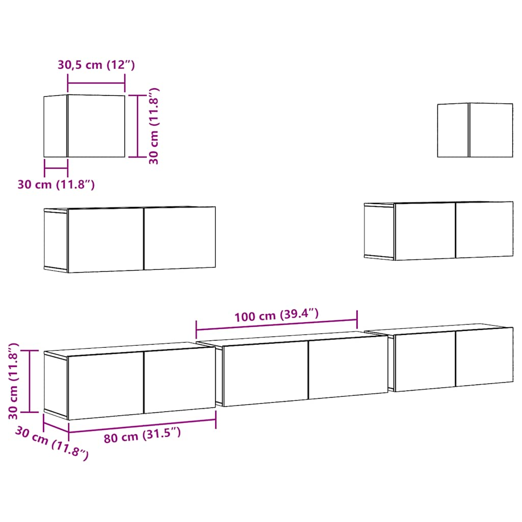 Set Mobile TV 7 pz Montato a Parete Legno Antico in Truciolato