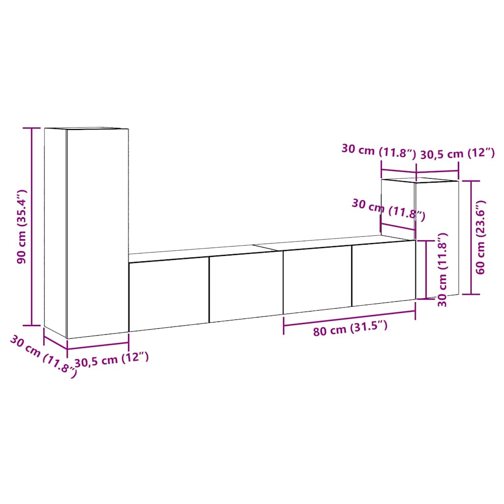 Set Mobile TV 4 pz Montato a Parete Legno Antico in Truciolato - homemem39