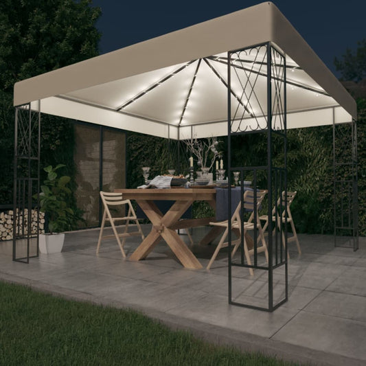 Gazebo con Stringa di Luci LED 3x3 m in Tessuto Crema - homemem39