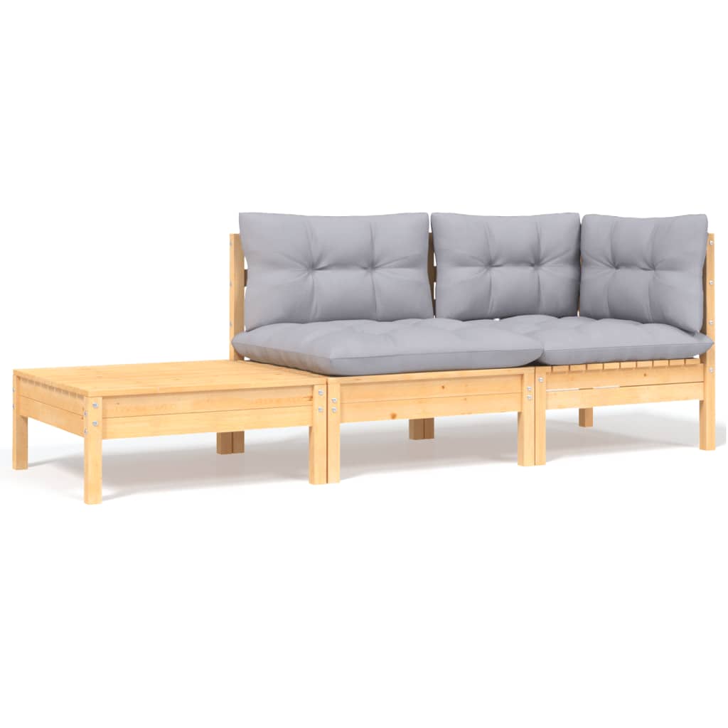 Set Divani da Giardino 3 pz con Cuscini Grigi Massello di Pino - homemem39